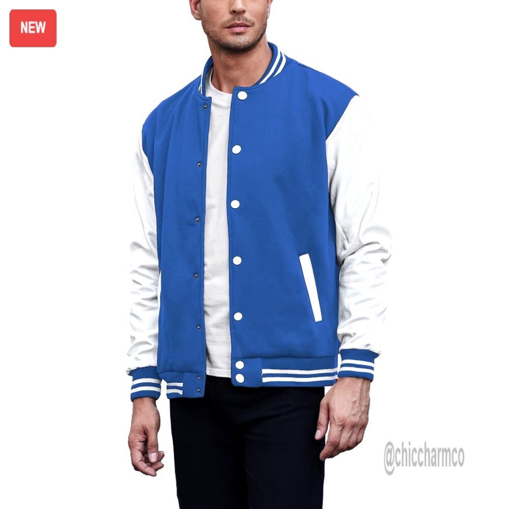 Men's Leather Sleeve Varsity Bomber Jacket Slim Fit X-Large